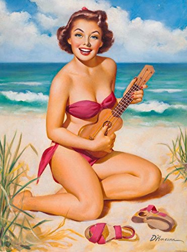 Magnet 1940s Pin-Up Girl Ukulele on The Beach Picture Magnet Print Vintage Art Pin Up