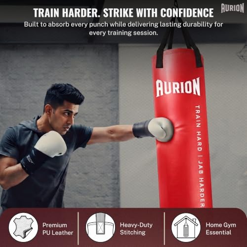 Image of Aurion 4ft Unfilled Heavy Punching Bag | Premium PU Leather Boxing Bag for Home Gym & MMA | Durable Triple-Stitched Nylon Straps for Muay Thai, Kickboxing & Martial Arts Training (Red)