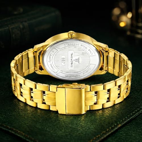 Image of TIMEWORKS Stainless Steel Designer Golden Round Shape Day & Date Dial Men's & Boy's Analog Watch, Band Color:Gold