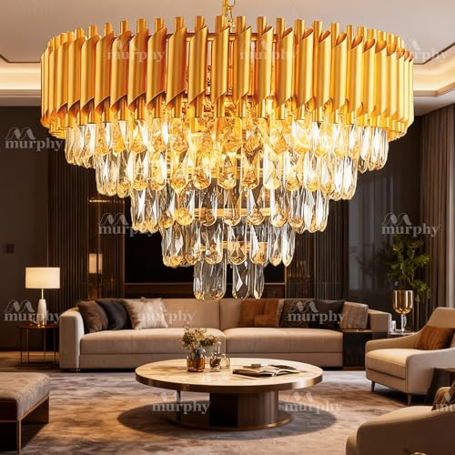 Image of Murphy Radiance 600mm Golden Crystal Pendant Light | Modern Round Ceiling Chandelier for Living Room, Bedroom & Hall (Antique Gold, 3-in-1 LED Plate - Warm White, Natural White, Cool White, Pack of 1)