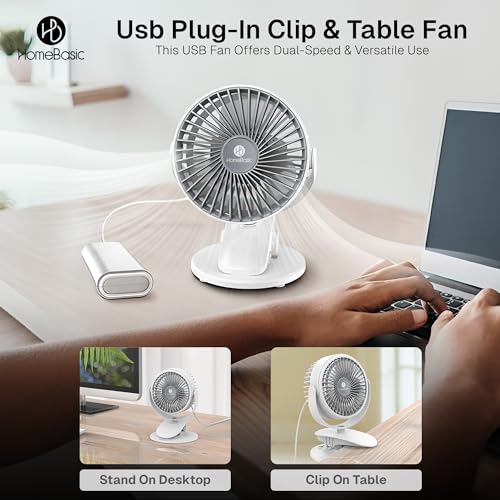Image of HOMEBASIC Rechargeable Mini Clip Fan, 3 Speed USB Fan with 360 Rotation, 3400 RPM Silent Brushless Motor, Portable and Quiet Cooling for Home, Office, Stroller, and Travel, Type-C Charging Baby Safe