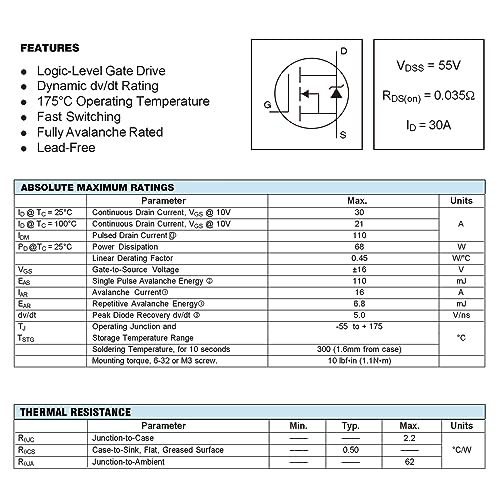 Image of IRLZ34N IRLZ34 MOSFET Transistors 30A 55V IRLZ34NPBF N-Channel Power Mosfets Transistor 30 Amp 55 Volt TO-220 (Pack of 10 pcs)