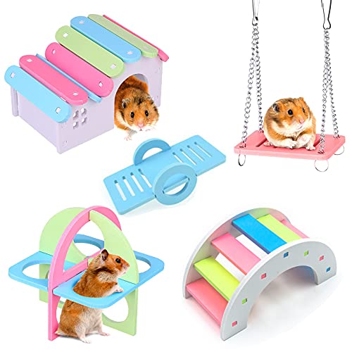 Nynelly 5 Pièces Jouets pour Hamster pour Hamster, Souris, Gerbille, Chinchilla Accessoires d'Habitat avec Jouets Sportifs à Grimper,Comprend Maison de Hamster, Pont Arc-en-Ciel, Balançoire à Bascule Cover