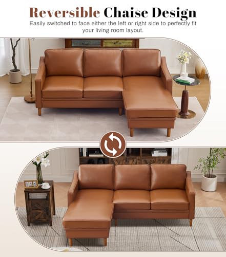 Image of Kingfun 88 inch L-Shape Sofa, Faux Leather Sectional Couch, Mid Century Modern Couches with Solid Wood Frame for Living Room Bedroom