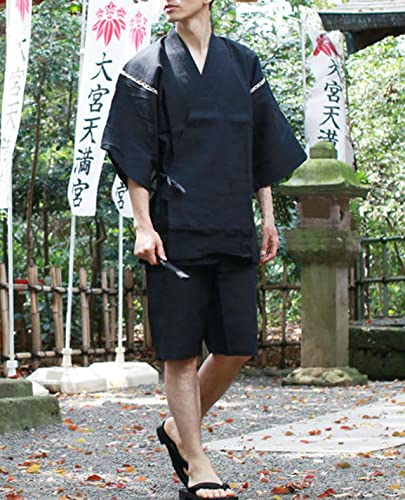 ZEALMAX Men's Kimono Japanese Jinbei Shirt and Pant Cotton Linen Loungewear Lounge Set Spa Bathrobe, Style 7, Black Dark Gray3