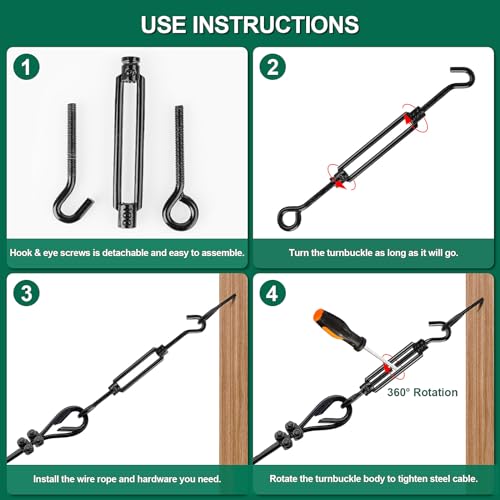 Kit de suspensión para luces de cadena, cable de acero recubierto de PVC negro 3/16"×100FT con accesorios para luces exteriores de patio y camping miniatura 7