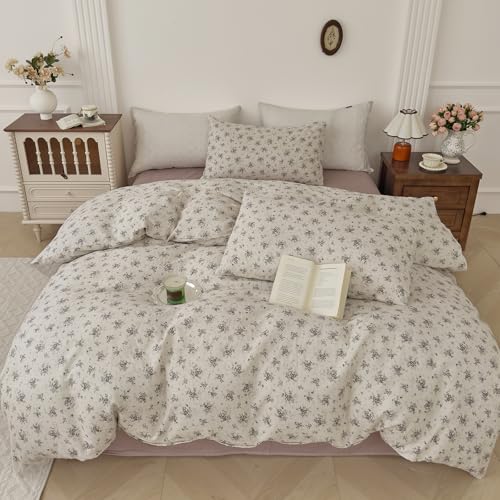 Image of VM VOUGEMARKET King Size Double Layer Gauze Duvet Cover Set, Off-White Duvet Cover with Gray Floral Prints Bedding Set for Cottagecore Decor