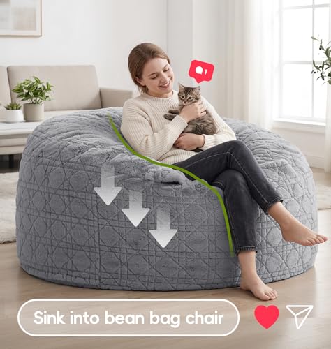 Image of 4FT Bean Bag Chair Bean Bags for Adults Large Bean Bag Beanbag Chair with Washable Cover Quilted Plush Fluffy Bean Bags Memory Foam Bean Bag Chairs Pocket Handle Bedrooms Living Room Office(Grey)