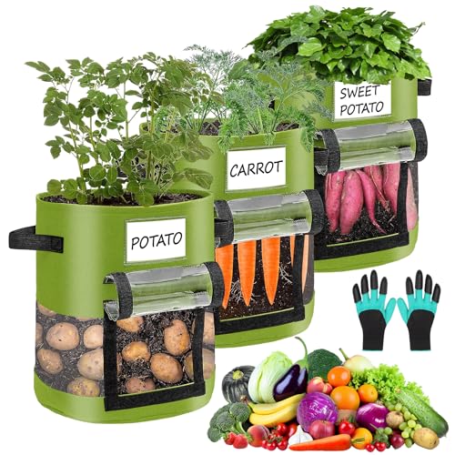 Pflanzsack 3er Set: Kartoffelsack zum Pflanzen (40L/10 Gallon) & Pflanztaschen für Draußen mit Griffen & Sichtfenster. Atmungsaktive Nonwoven Pflanzsäcke für Gemüse Tomaten Karotten & Zwiebeln