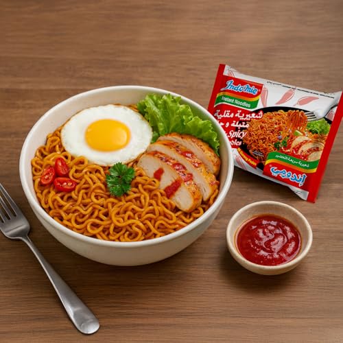 Indomie Instant Fried Noodles Hot & Spicy with Seasoning Powder and Sauce (Pack of 5 - 80 g Each)
