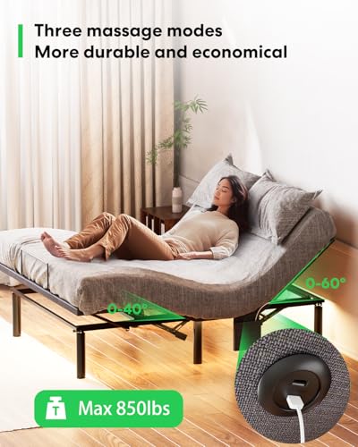 Image of Queen Size Adjustable Bed Frame, Zero Gravity Base, Stress Management with Head & Foot Incline, Wireless Remote Control, Massage, Under-Bed Nightlight, USB Ports, 850 lbs Capacity | ero Gravity, Head and Foot Incline, Heavy-Duty Steel Frame, Quiet Motor, Easy Installation,