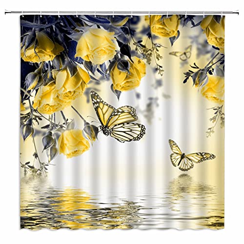 Flower Butterfly Shower Curtain Yellow Rose Floral Wings Water Reflection Spring Spa Lake Natural Scenery Woman Fantasy Fabric Bathroom Decor Set With Hooks（70" Wx70 H） #TOP15