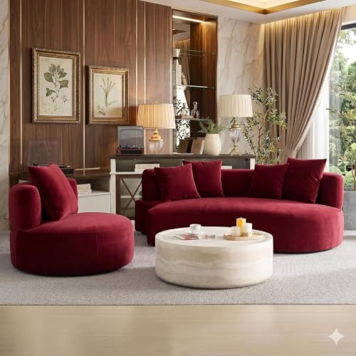 Image of Modern Curved White Sofa Couch with Plush Pillows - 4 Seater Upholstered Living Room Sofa | Contemporary Minimalist Design for Home, Office & Lounge. (Maroon L1)