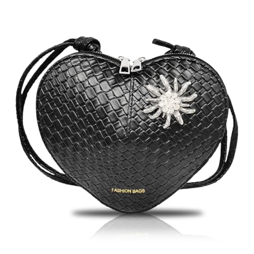 QIMMU Damen Dirndl Tasche, Trachtentasche, Oktoberfest Tasche, Herztasche mit Edelweiß, Schwarz, 19 x 22 2 cm, Retro, Herzform, Leicht