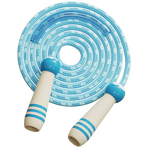 Jump Rope for Kids, Adjustable 8.5ft Cotton Rope, Colored Wooden Handles, Silica Gel Protection, Outdoor/Indoor Fitness Toy, Ages 5-12 (blue and white)