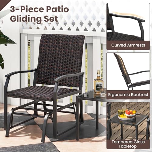 Image of Tangkula 3 Piece Patio Furniture Set, All Weather Resistant Wicker Swing Glider Set w /Tempered Glass Coffee Table, Rattan Seat w /Quick Dry Foam, Rocking Chair Set for Backyard, Poolside, Front Porch