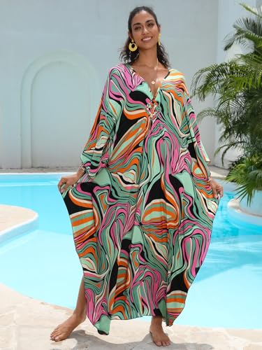 Image of IMAGEKOPE Women's Plus Size Animal Print V-Neck Batwing Kaftan Beach Dress Bathing Suit Cover-Up Loungewear