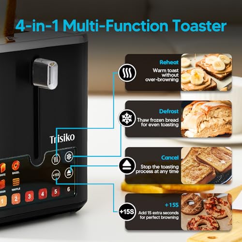 Image of Trisiko Touch Screen Toaster 2 Slice, 900W Digital Toaster with Countdown Timer, 1.38 in Wide Slots, 6 Browning Levels, Bagel, Defrost, Reheat, Cancel, Crumb Tray, Cord Wrap-Black