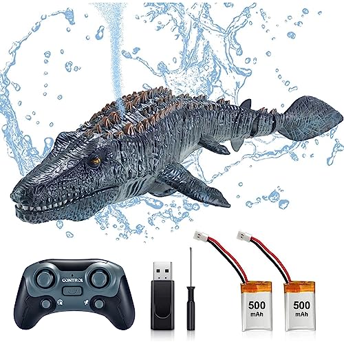 OBEST 2.4GHz Barcos Teledirigido RC Mosasauru para Niños, Tiburón Lanchas Juguete para Piscinas y Lagos Agua Spray, RC Tiburón Dinosaurio Eléctrico Cumpleaños para Niños y Niñas