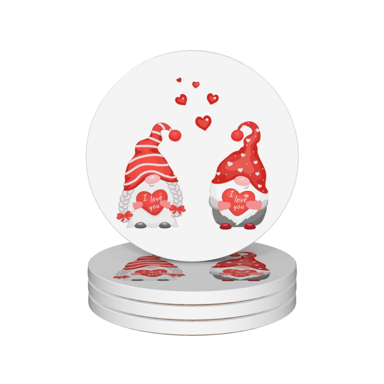 Cartoon Valentine Gnomes Coasters for Drinks Red Hearts Absorbent Ceramic Coasters Set of 4 for Coffee Table Cup Bar Coasters with Cork Base Round