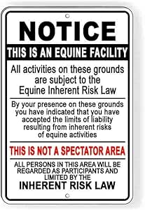 Amazon.com: Equine Facility Inherent Risk Law Metal Sign horses stable ...