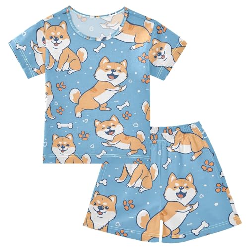 ALAZA Puppy Dog Paw Print Bones Blue Pajamas Short Sleeve 2 Piece Sleepwear Top and Bottom Pajama Set Unisex