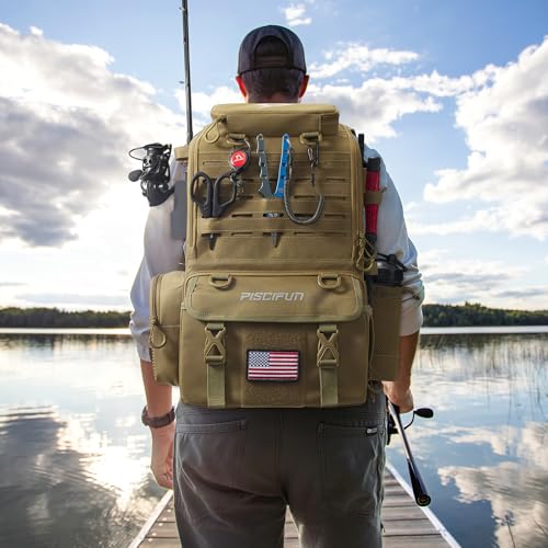 Image of Piscifun 52L Fishing Tackle Backpack, 17 Pockets, Rod Holders & 4 Boxes
