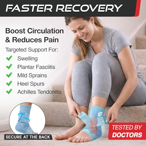Image of Sleeve Stars Ankle Brace for Women & Men, Ankle Wrap for Sprained Ankle, Compression Sleeve for Plantar Fasciitis Relief, Easy Customizable Support: w /Removable Strap (Single /L:12 inch-13 inch /Light Blue)