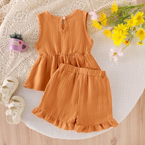 Image of Toddler Girl Clothes Sleeveless Top Shorts 2Pc Summer Outfit 12M-5T | 100% Cotton, Soft breathable, Double crepe fabric, Adorable bow ruffle pocket design, Perfect for daily wear, birthday, party