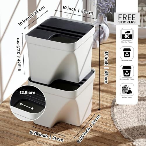 Image of 10L Dustbin with Lid | White | Pack of 2 | Multipurpose Garbage Bin for Kitchen, Home & Office | Wet & Dry Waste Basket for Food Waste, Recycling & Indoor Outdoor Use