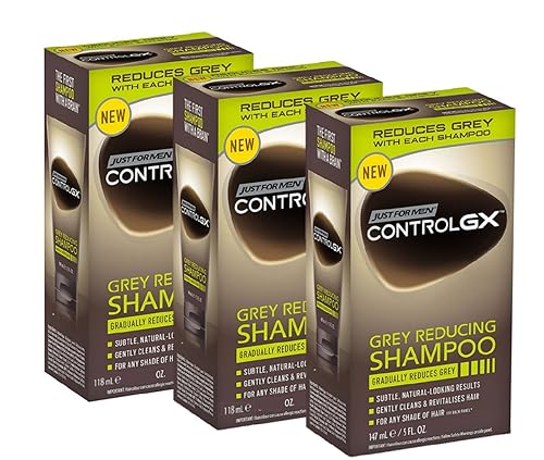 Just For Men Control GX Grey Reducing Champú para cabello gris, con aceite de coco y aloe vera, nueva fórmula mejorada, todos los tonos, 118 ml, paquete de 3
