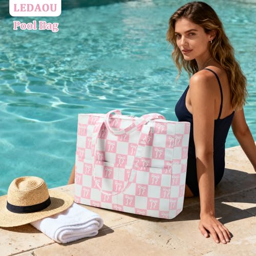 Image of LEDAOU Large Beach Bag Women Waterproof Sandproof Zipper Beach Tote Pool Bag for Swim Gym Grocery Travel with Wet Pocket