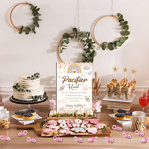 Image of Thyle 51 Pcs Pacifier Hunt Baby Shower Games Include Hunt Sign and 50 Acrylic Pacifiers for Baby Shower Game Decoration Gift Sets Gender Reveal Party Decor(Rainbow)