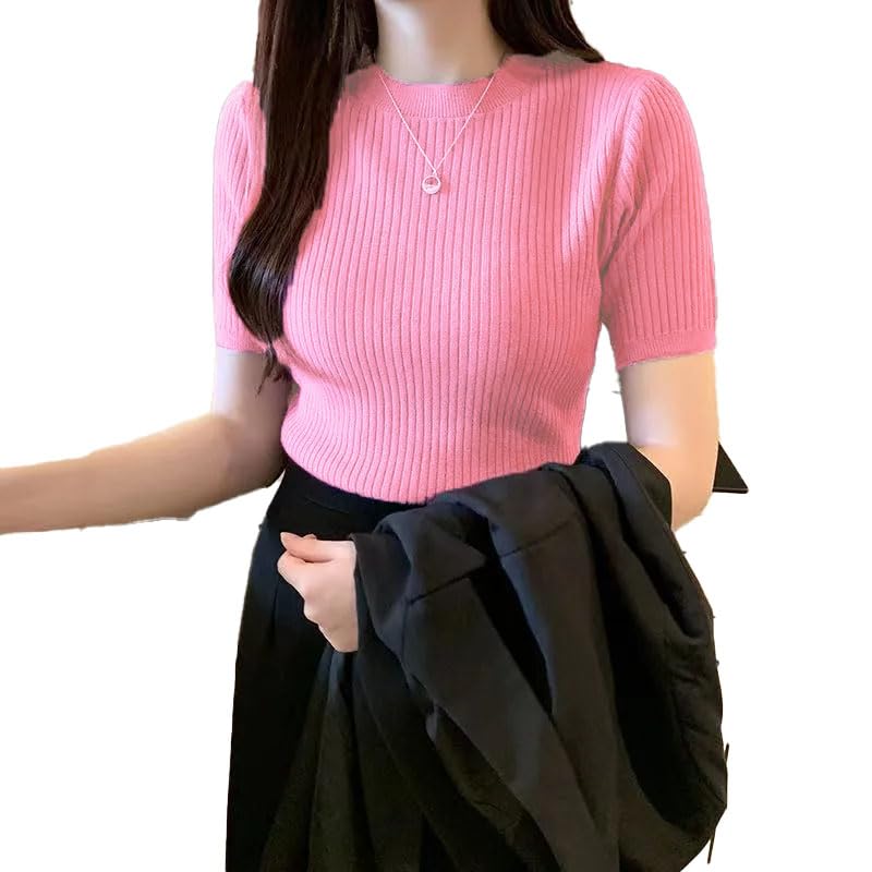 Image of Istyle Can Women Ribbed Slim Fit Top | Stretch Cotton Knit Crew Neck T-Shirt | Solid Casual Short Sleeve Tee for Office, Layering
