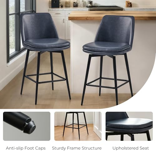Image of CHITA Swivel Bar Stools, 27.2 inch Counter Height Bar Stools Set of 3, FSC Certified Upholstered Modern Counter Stools, Metal Legs, Faux Leather, Blue