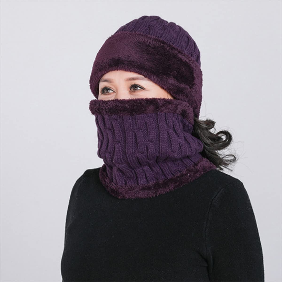 Gorro de Lana de Invierno con Forro Polar para Mujer, Conjunto de Bufanda de Punto, máscara, cálido, Suave y Holgado (Talla única)