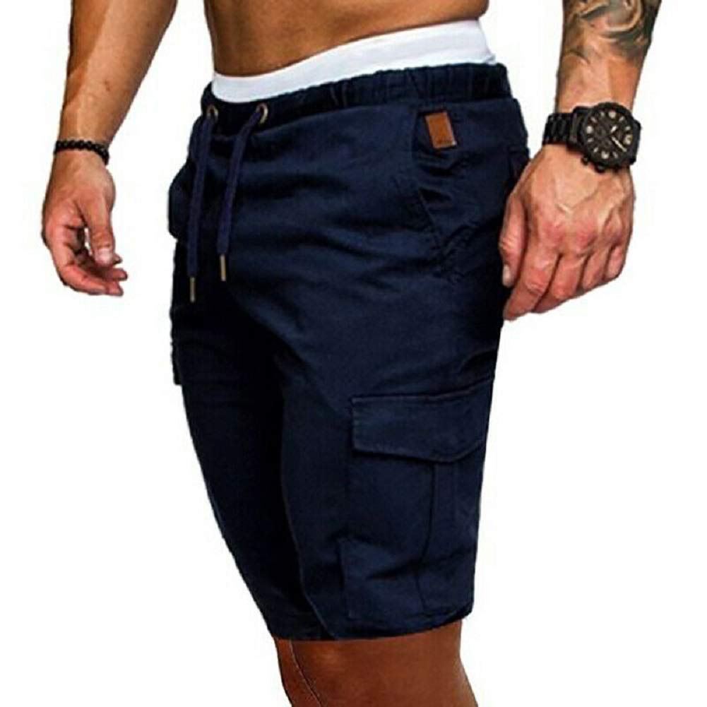 Comulish Mens Shorts Summer Elasticated Waist Gym Sports Joggers Pants with Pockets, Navy Blue, XXL