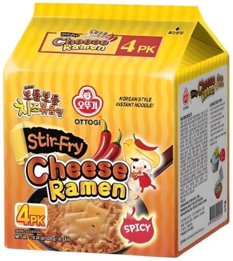 Ottogi Spicy Stir Fry Cheese Ramen, KOREAN STYLE INSTANT NOODLE, deliciously cheesy and spicy (130g) - 4 Pack