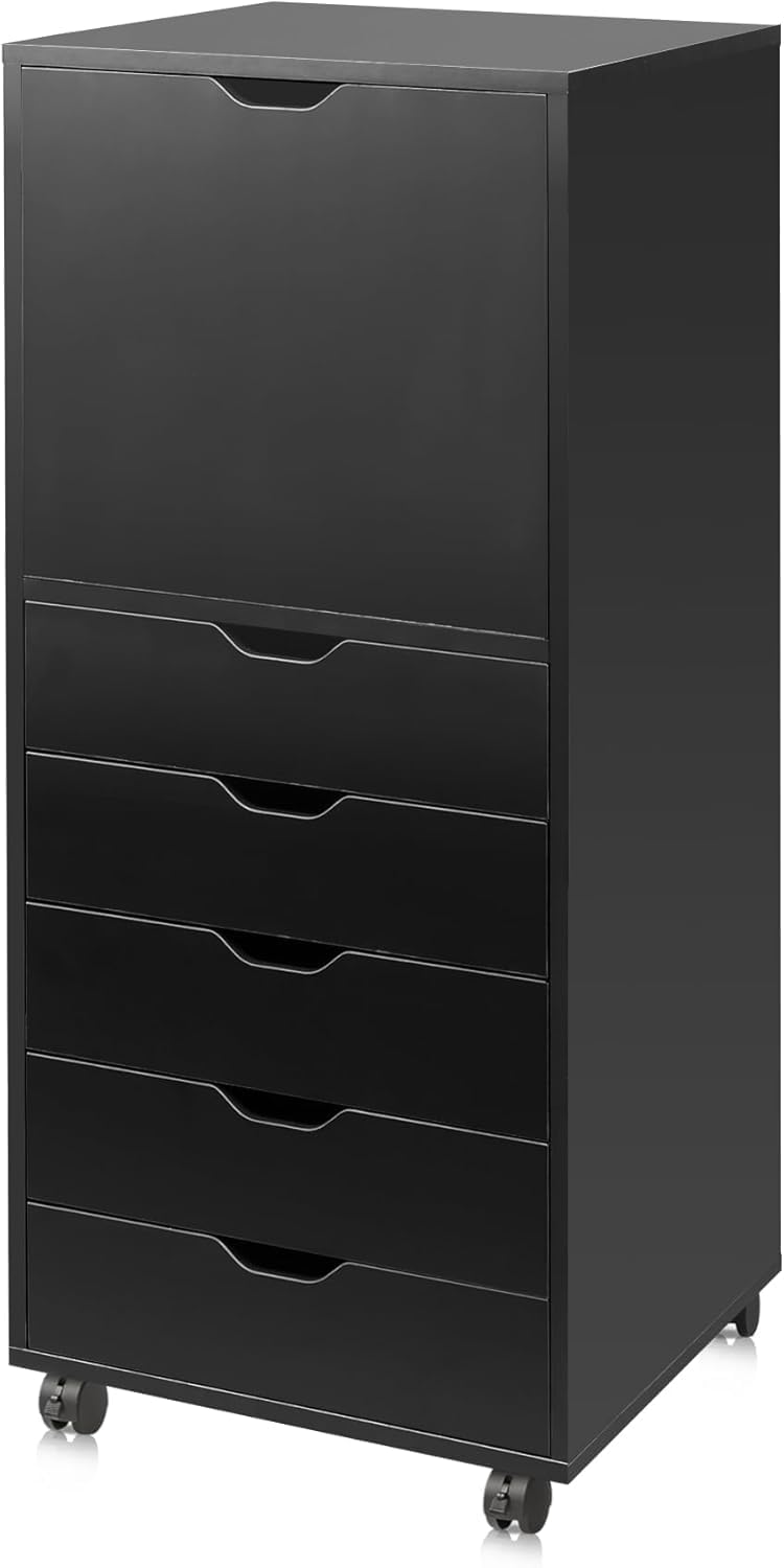 DEVAISE 5-Drawer Wood File Cabinet, Mobile Filing Cabinet with 1 Door, Wide Storage Space for Home Office, Black
