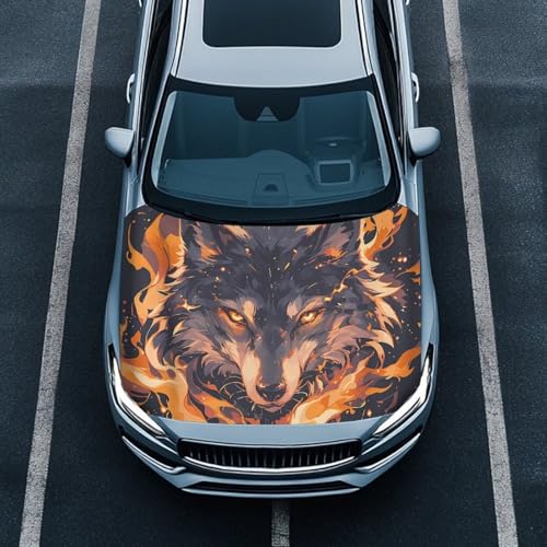 Image of Car Hood Cover Waterproof All Weather,Cool Flame Wolf Car Hood Cover Protector for Automobiles Outdoor Indoor for All Season