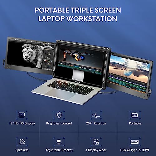 Image of P2 Triple Portable Monitor for Laptop Screen Extender 12 Inch Dual Monitors Extender FHD 1080P IPS Display Type-C /HDMI /USB-A /Speakers for 13-16 Inch Notebook Computer Windows Mac Phone