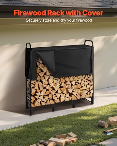 Image of VEVOR Firewood Rack with Waterproof Cover, 4 ft Outdoor Firewood Holder, 1 /4 Cord Storage Metal Log Holder, 400lb Max Weight Capacity, Top Covered, Powder-Coated Wood Storage Rack for Fireplace Deck