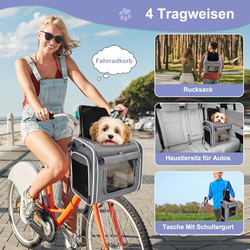 Hundekorb Fahrrad Vorne, 4-in-1 Hundekorb für Fahrrad, Erweiterbarer Hunderrucksack, Hunde-Fahrradkorb mit 4 Mesh-Fenster, 4-Offenen Türen, Haustier-Reisetasche für Katzen und Hunde