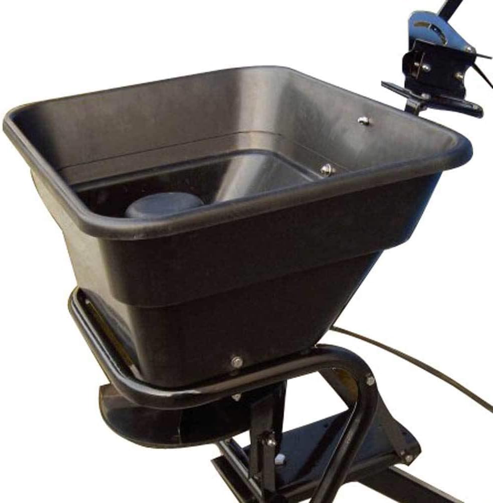 Field Tuff 12V 80 Pound Capacity Grass Seed Fertilizer Spreader with Hitch Mount Receiver and Rain Protector for ATV, UTV, or Utility Tractor