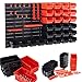 Arebos Lot de 46 boîtes de Rangement empilables | Rouge | Noir | 4 Panneaux arrières | 28 boîtes empilables | 14 Porte-Outils | Matériel de Fixation Inclus | Amovible et empilable