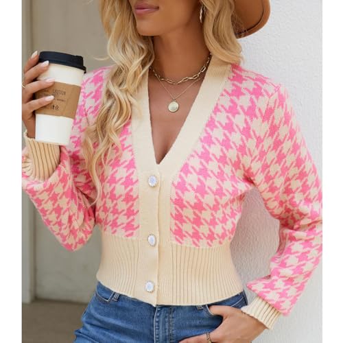 Image of Sexybody Women' s Cropped Cardigan Sweaters Button Down Houndstooth V Neck Long Sleeve Open Front Knit Sweater Jacket Tops