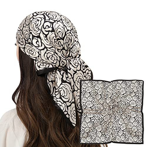 RIIQIICHY 100% Silk Scarf Head Scarf for Women Hair Scarf for Sleeping Hair Wrapping at Night Square Neck Scarves 27" x 27" 27"-black-rose