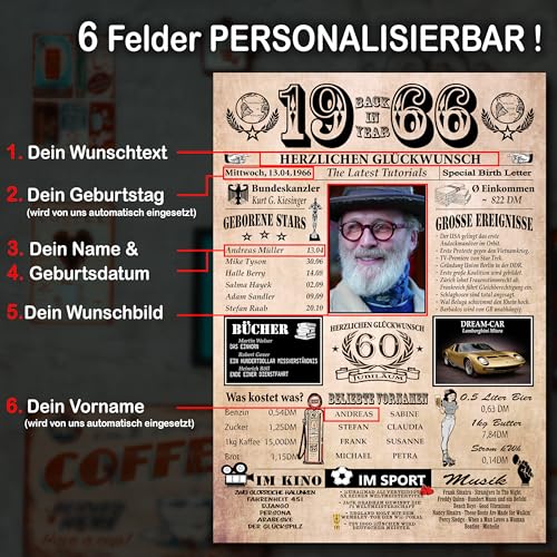 DUOMIO 1966-6 Felder PERSONALISIERBAR! zum 60. Geburtstag Mann & 60. Geburtstag Frau - Ausdruck auf 400g/m² Premium Papier - Geschenke zum 60. Geburtstag & Deko - Back in Year