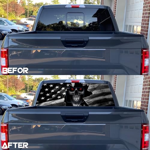Image of Skull American Flag Rear Window Decal for Truck,Black Flag Skull Truck Rear Window Decal,American Flag Decals for Truck Car SUV (Skull,65x17in)