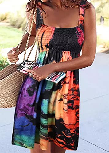 Image of Summer Dress for Women Beach Floral Cover Ups Spaghetti Strap Sundress Smocked Strapless A-Line Mini Dresses